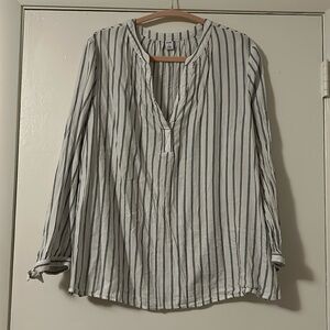 Old Navy Blue and White Striped Long Sleeve Blouse with Ties at Wrists